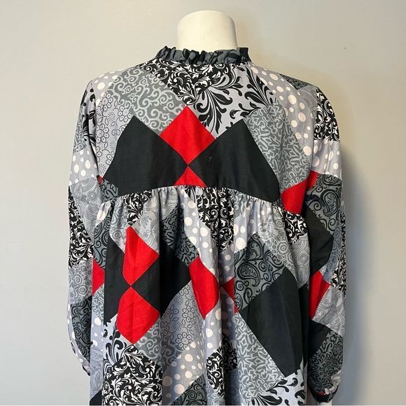 Hand Crafted Quilted Patchwork Printed Dress Grey, Red and White One size - Picture 14 of 16